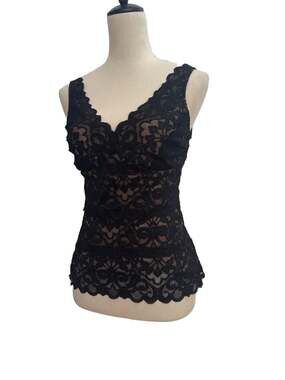Cache Vintage Y2K Black Floral Lace Layered Tank Top Nude Lining Size Medium